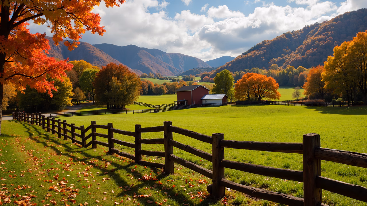 A picturesque autumnal pastoral scene with a red barn and colorful trees.