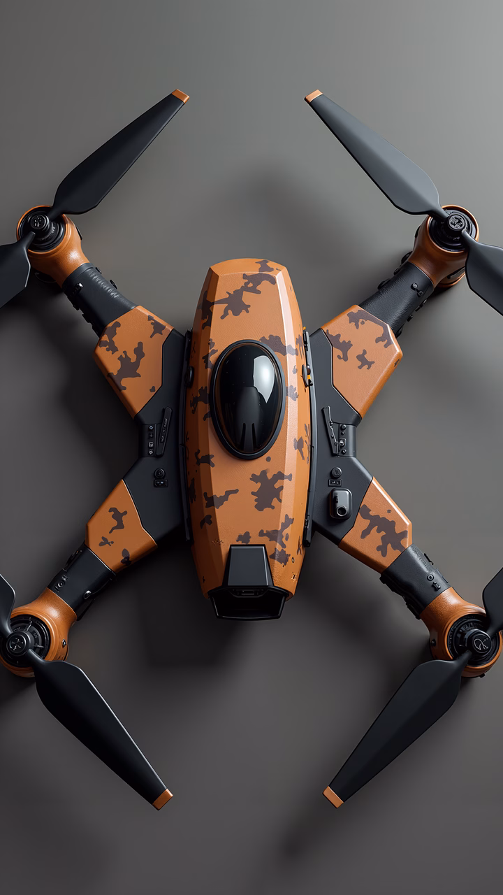 A camouflaged drone with a sleek design and vibrant colors against a neutral background.