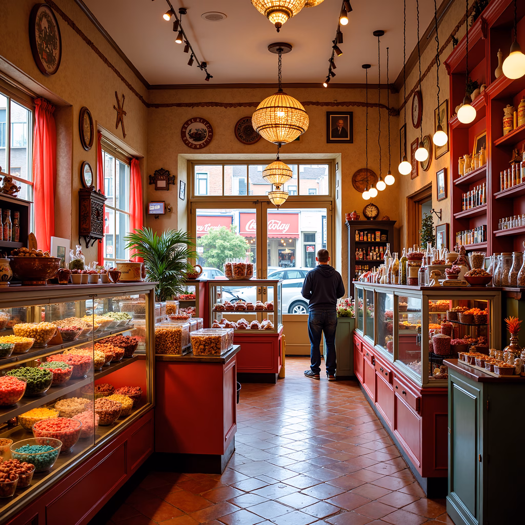Warm and nostalgic candy shop interior with rich red walls and colorful candies.