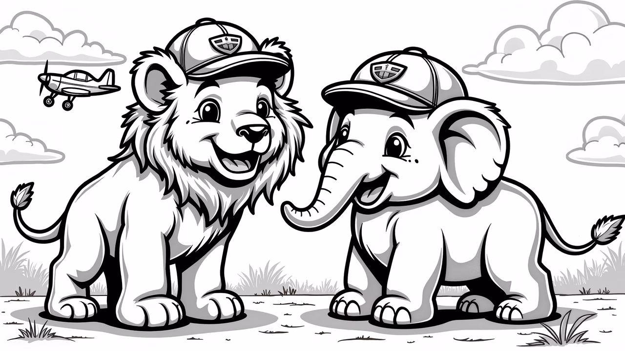Two cute animals wearing caps, smiling, black and white, children's art
