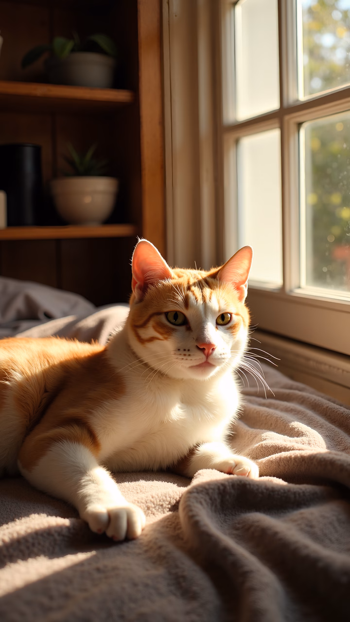 A ginger cat enjoying the sun by a window, creating a warm and cozy atmosphere.