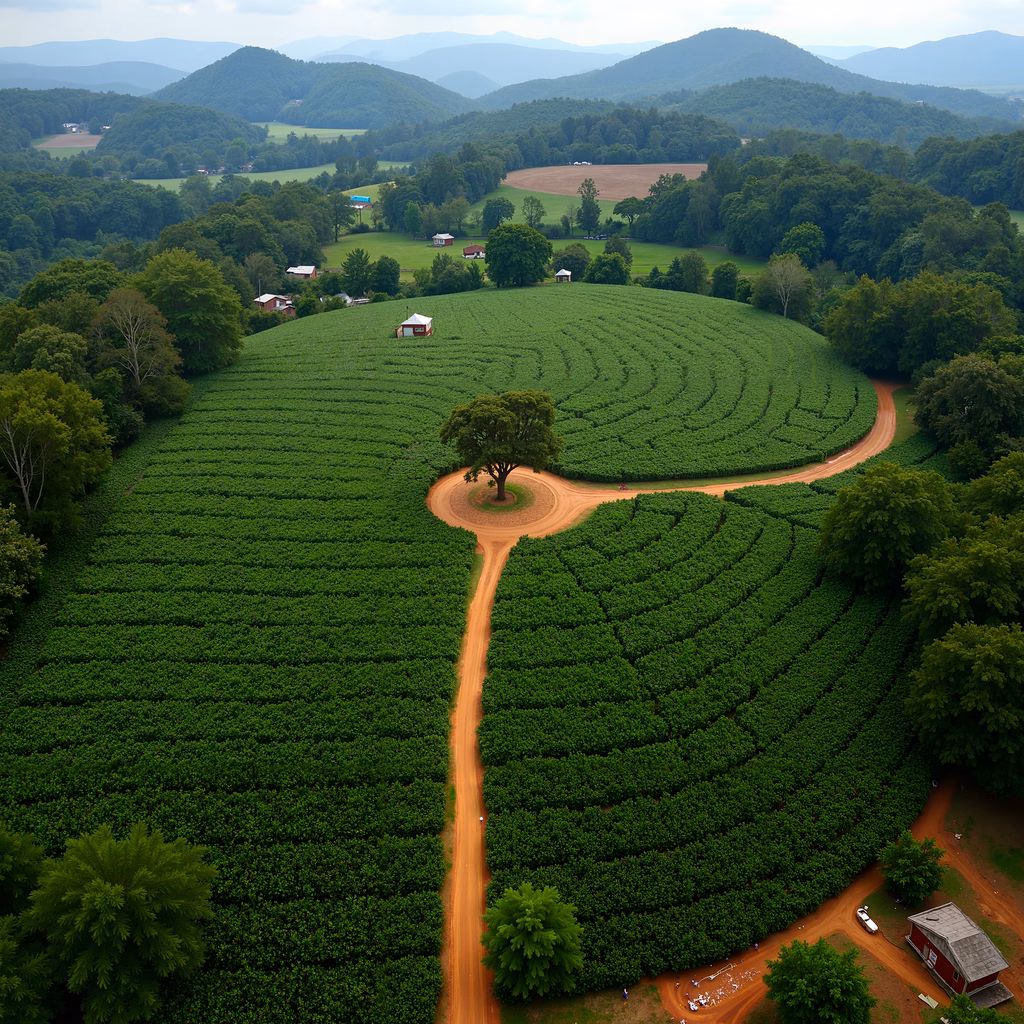 Aerial shot of a large corn maze with intricate patterns and surrounding greenery.