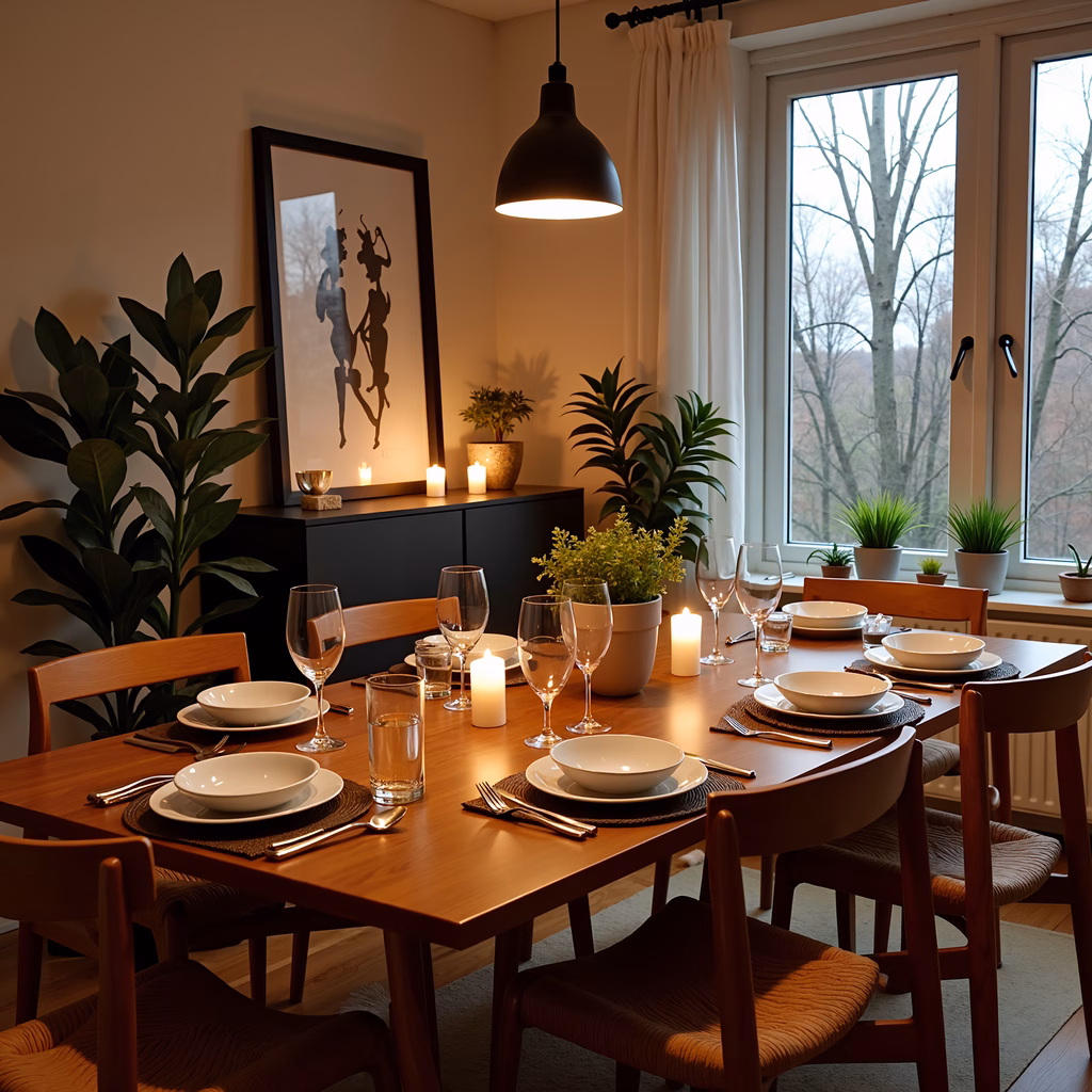 Warm and inviting dining room setup with wooden furniture and soft lighting.