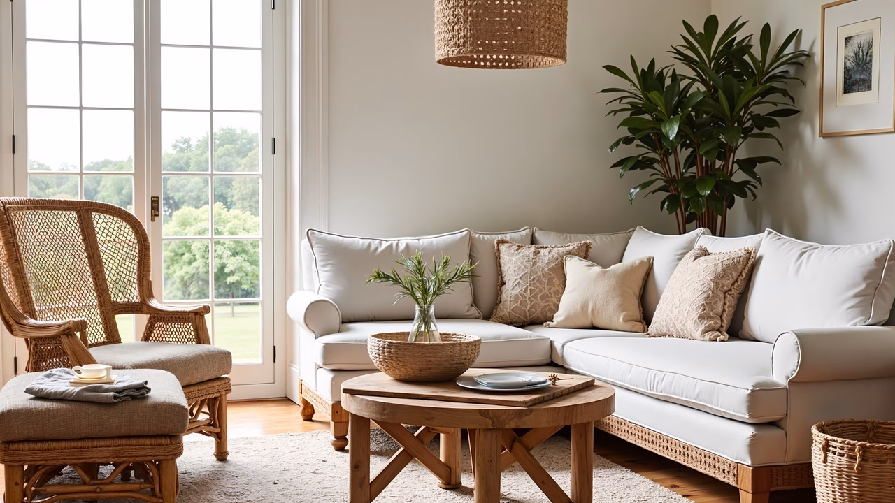 A cozy, well-lit living room with white furniture and earthy accents.