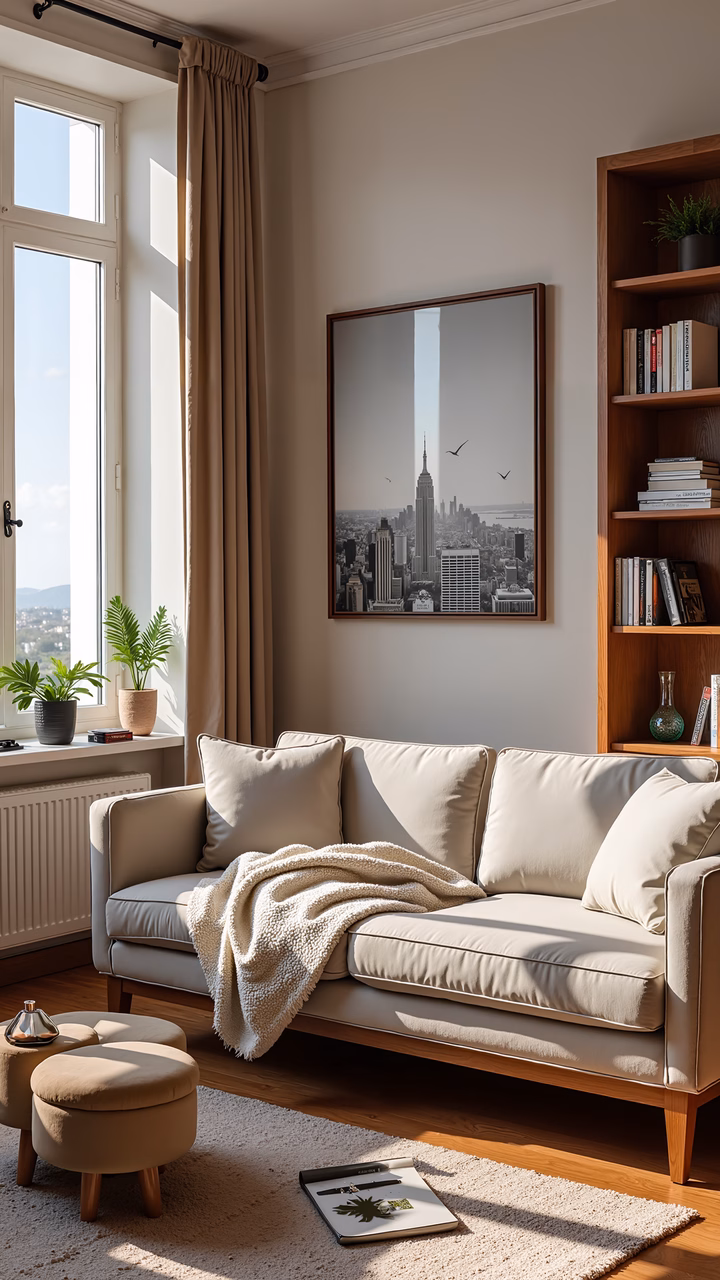 A cozy living room with beige furniture, natural light, and a black-and-white cityscape.