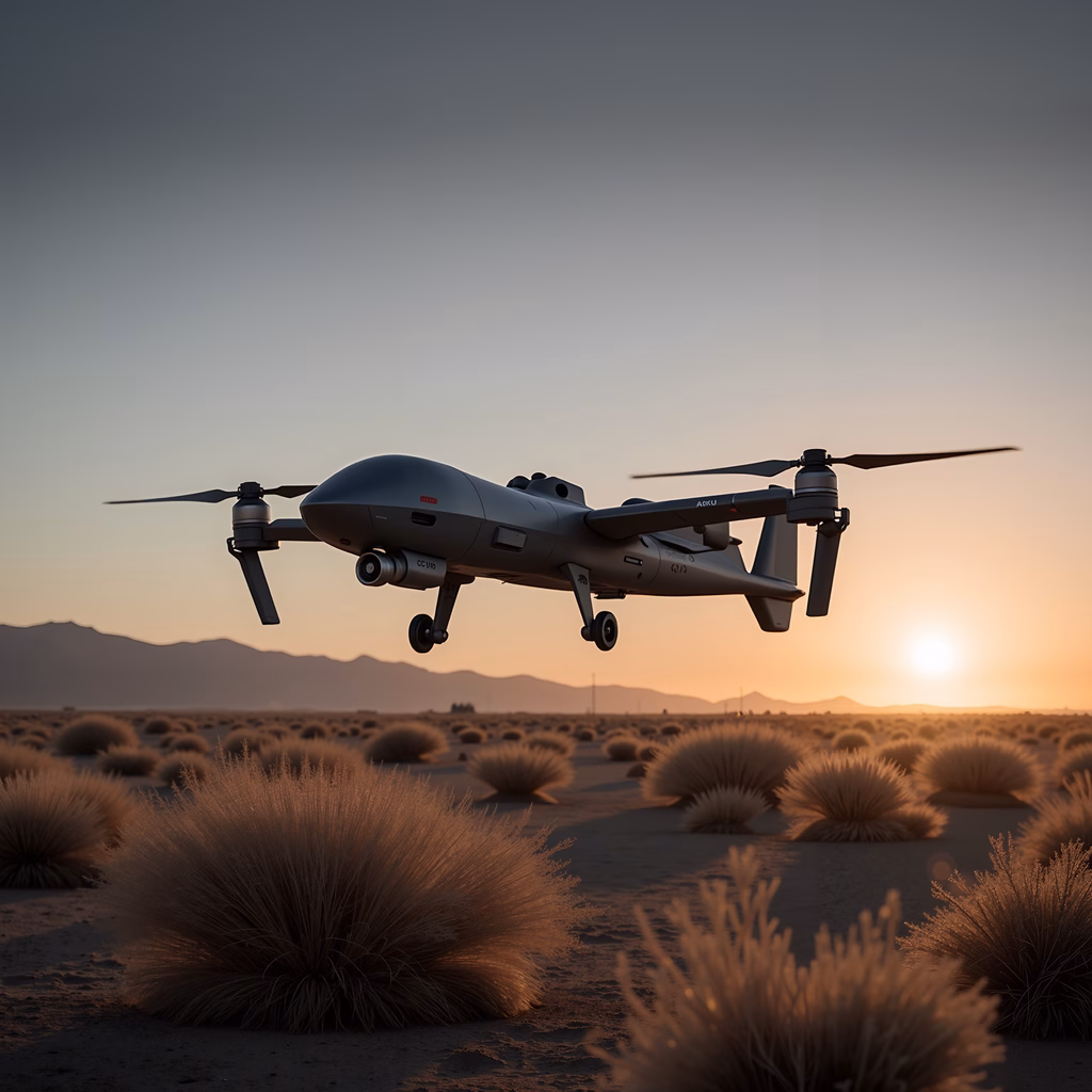 A drone flying over a desert at sunset, blending technology with nature.