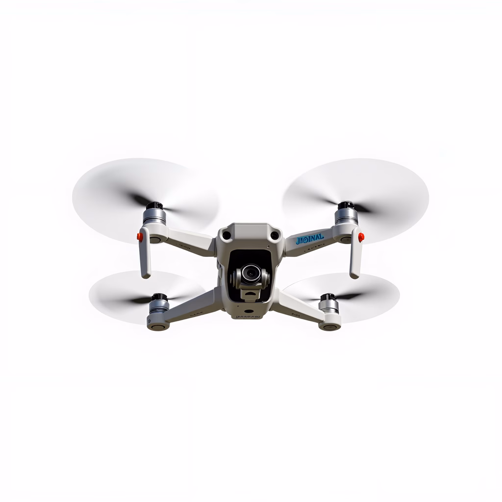 Aerial photography of a DJI drone against a stark white backdrop.
