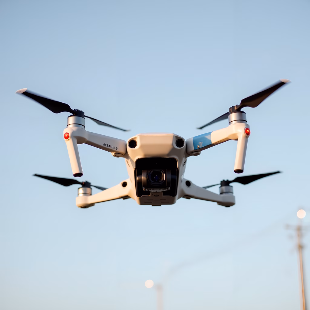 Aerial drone in flight, showcasing modern technology and innovation.