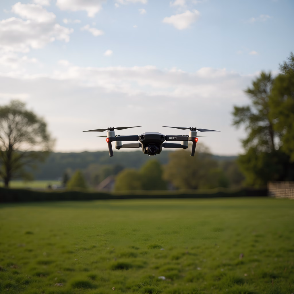 A drone capturing the beauty of a tranquil green field under a sunny sky.