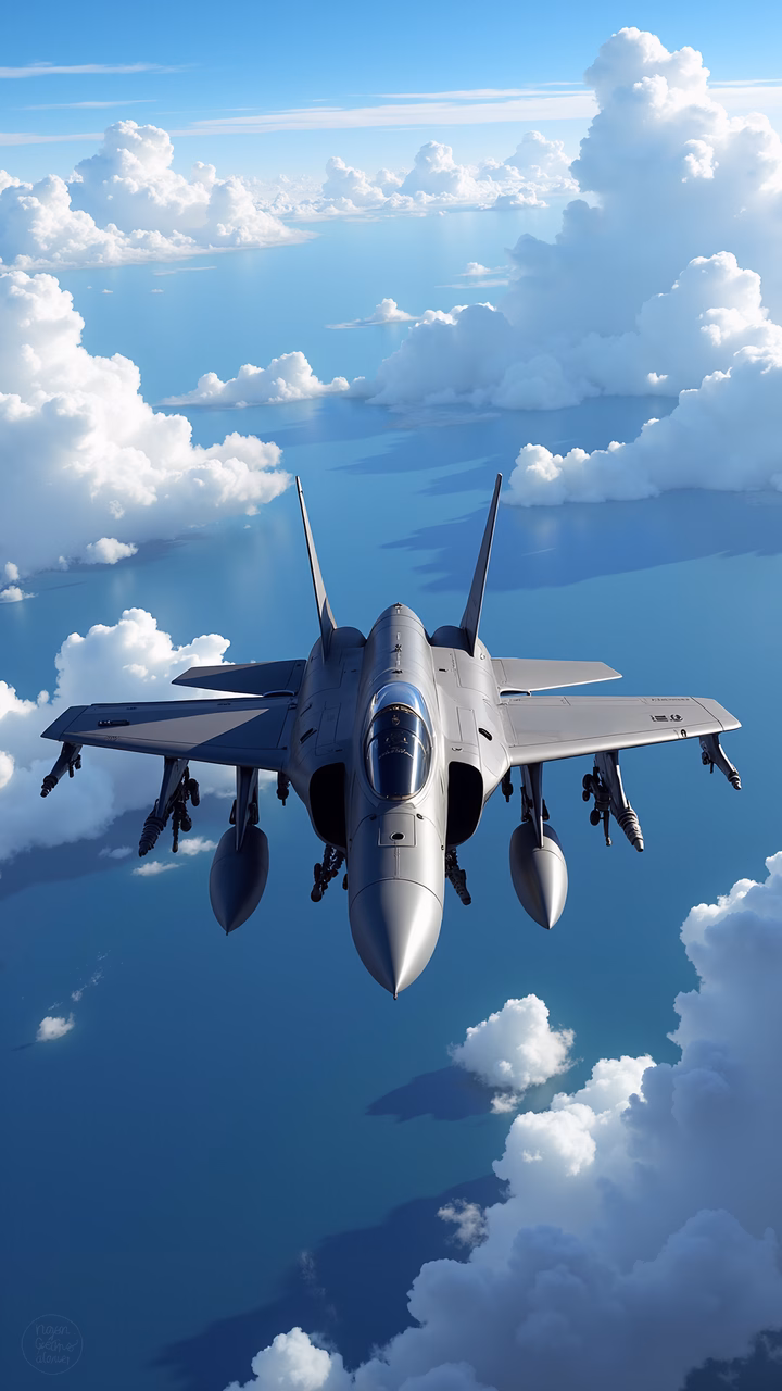 Sleek F-16 fighter jet flying over calm ocean under clear sky