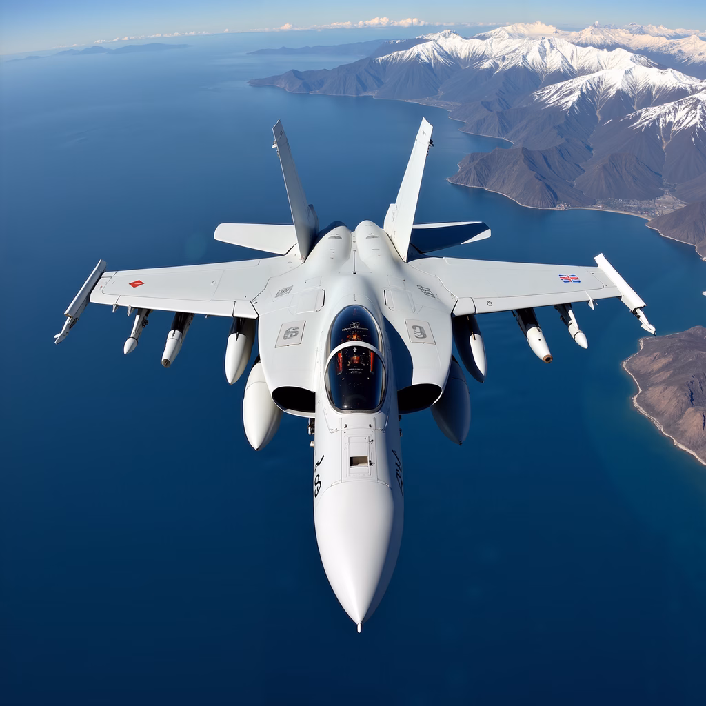 F/A-18 Hornet in flight over ocean and mountains
