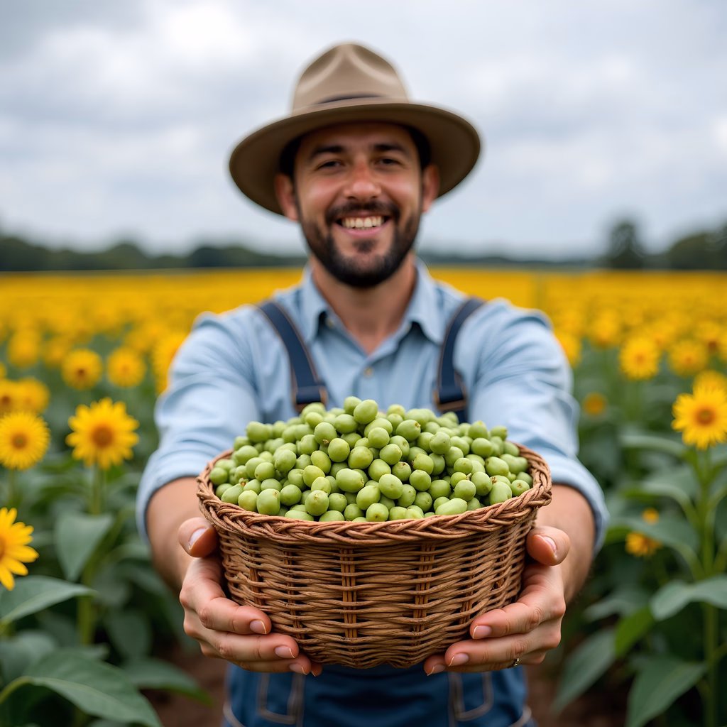 Farmer holding basket of green grapes in sunflower field