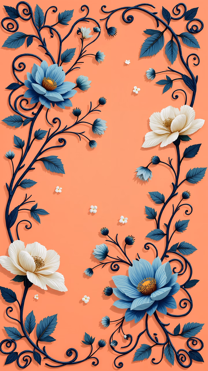 Detailed floral illustration with blue and white tones on coral background.