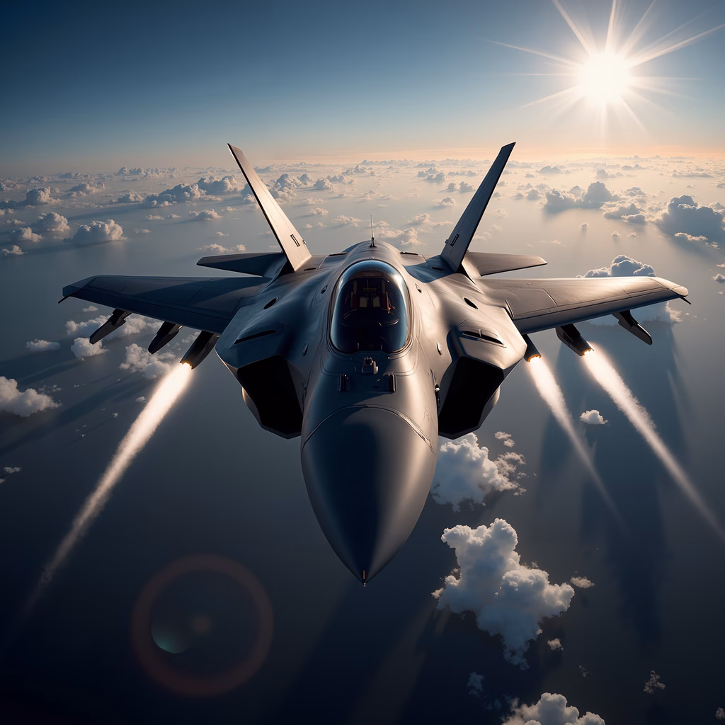 A high-tech fighter jet flying through a serene sky with clouds and sunlight.