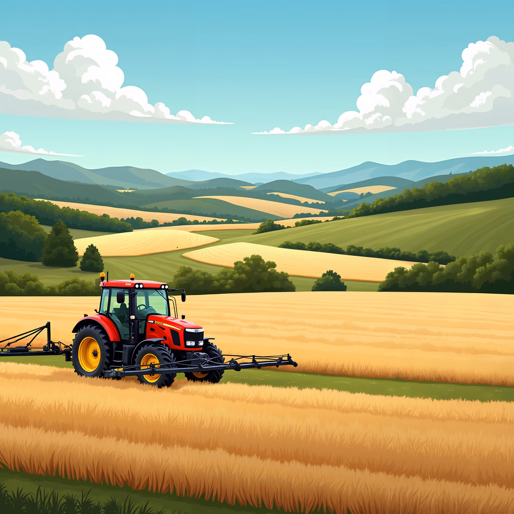 A red tractor plows golden fields under a clear blue sky, symbolizing agricultural harmony.