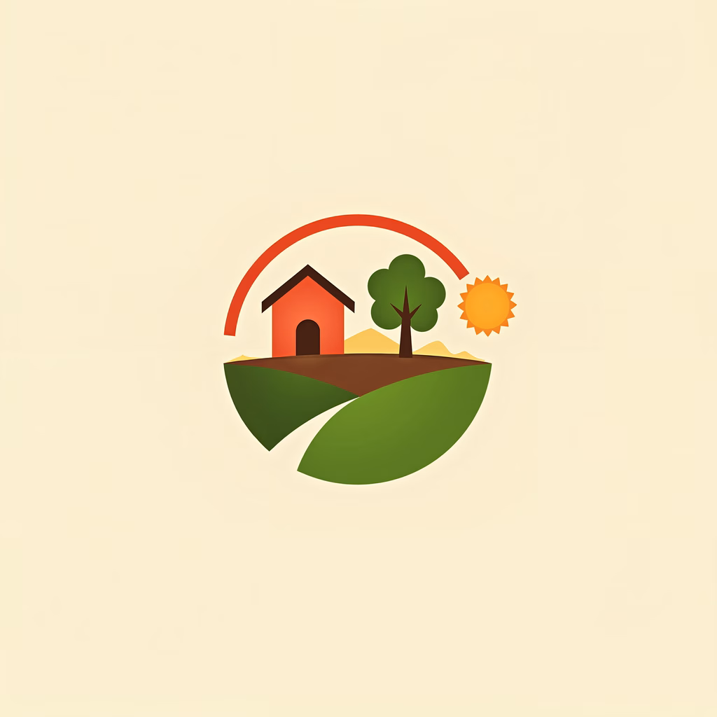 A peaceful rural scene with a red house and greenery under a warm sun.