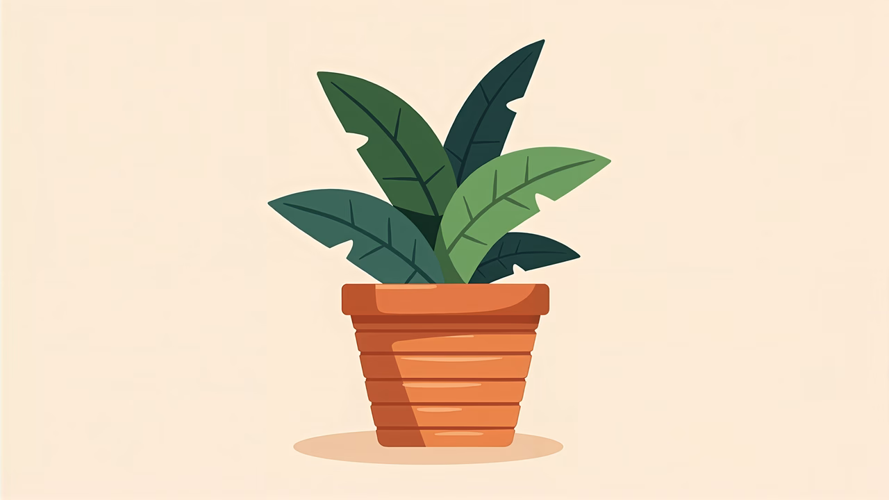 Minimalist illustration of a vibrant plant in a terracotta pot on a neutral background.