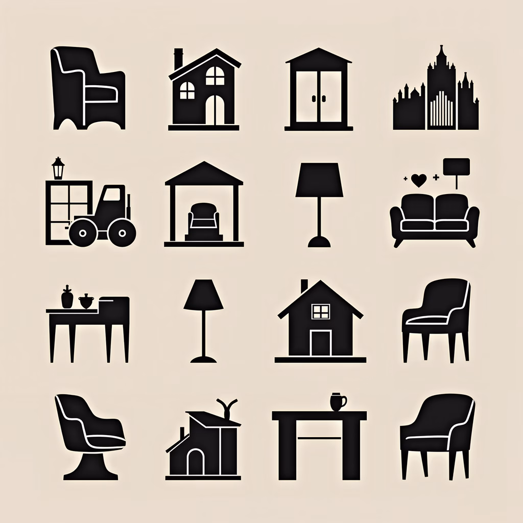 Minimalist interior design silhouettes in black and white.