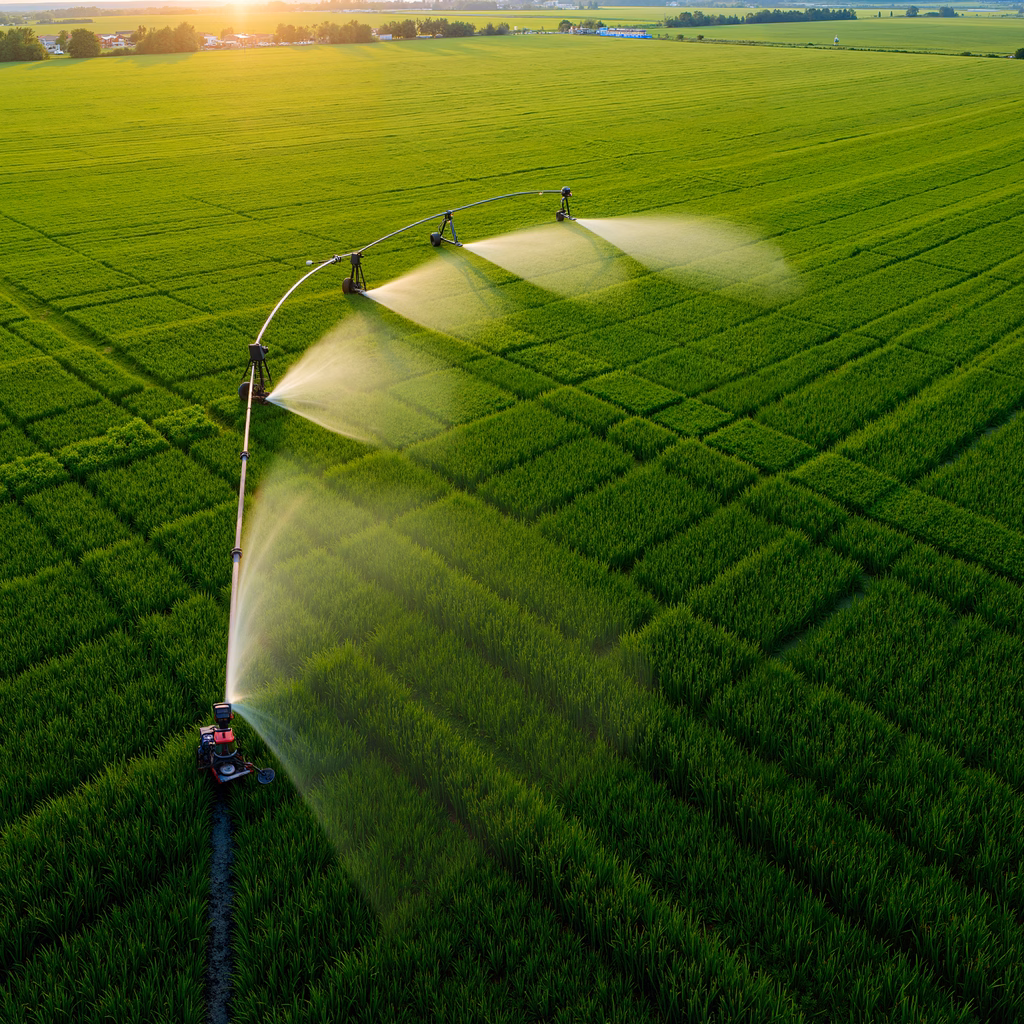 Aerial shot of an irrigation system watering lush green fields under a golden sunset.