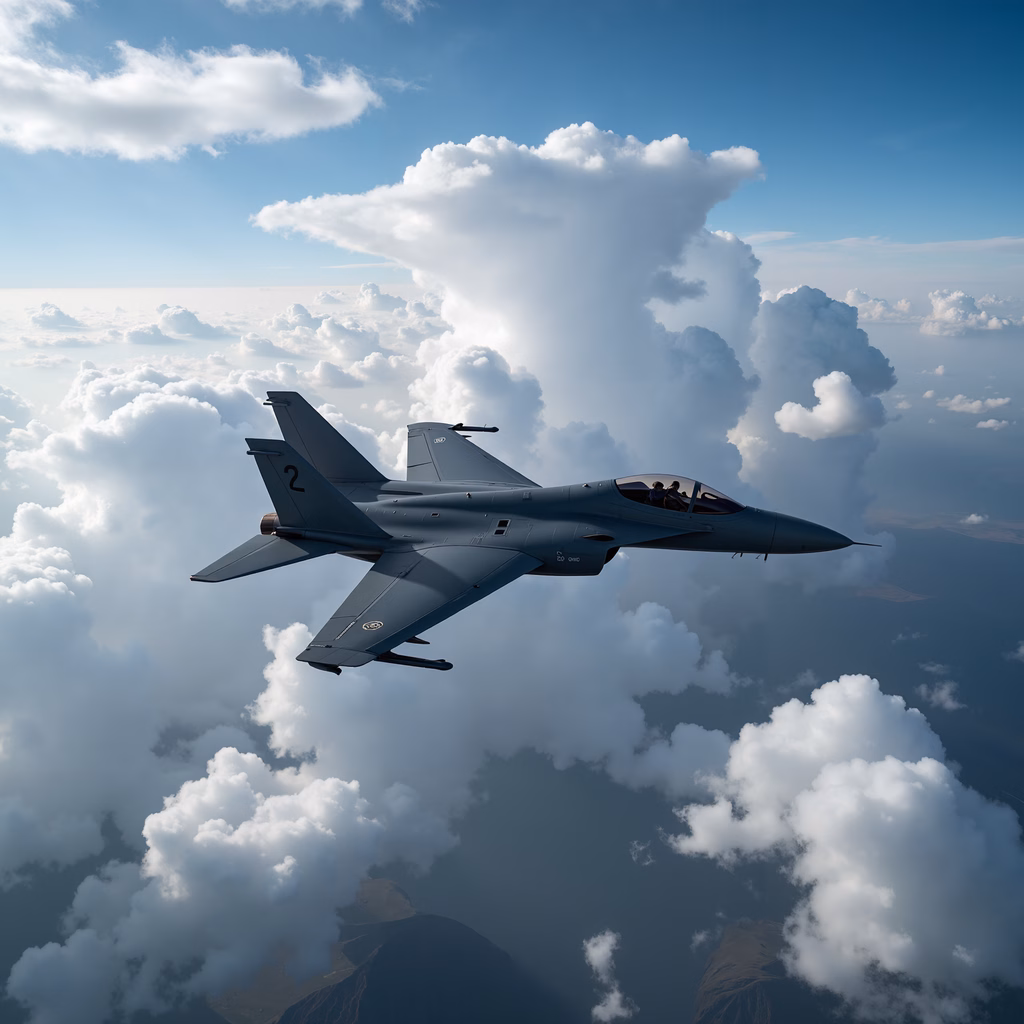 A fighter jet soaring through a cloudy sky, capturing the essence of aviation and nature's beauty.
