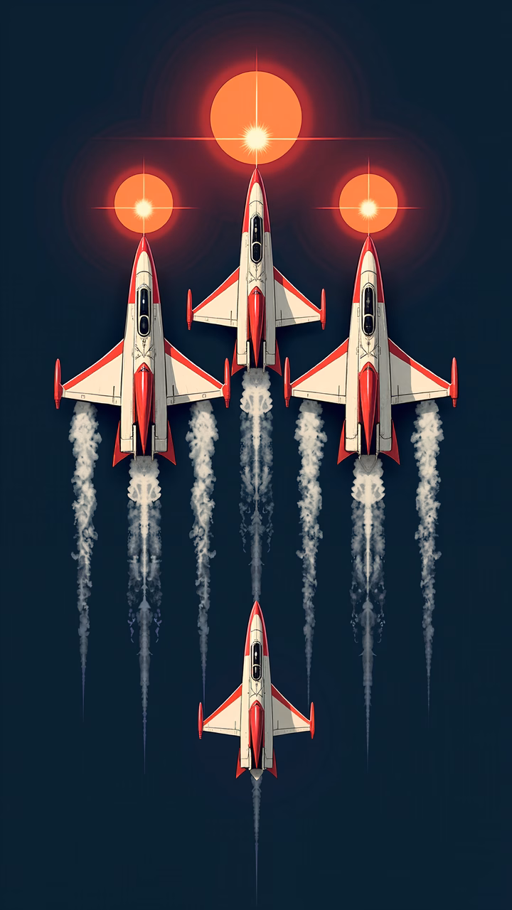 A dynamic jet formation illustration with glowing suns and sleek aircraft.