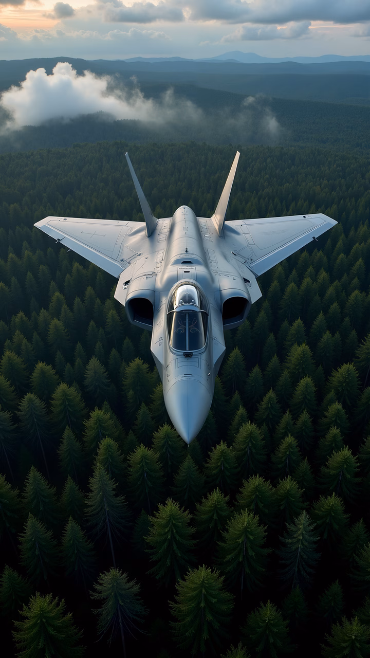 A fighter jet flying over a forest, blending technology and nature.