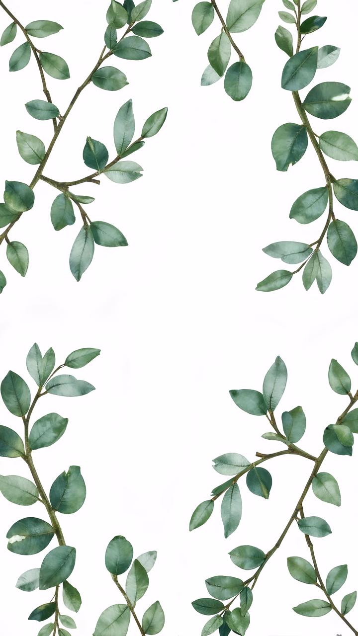 Delicate leafy branches in soft green hues on a clean white background.