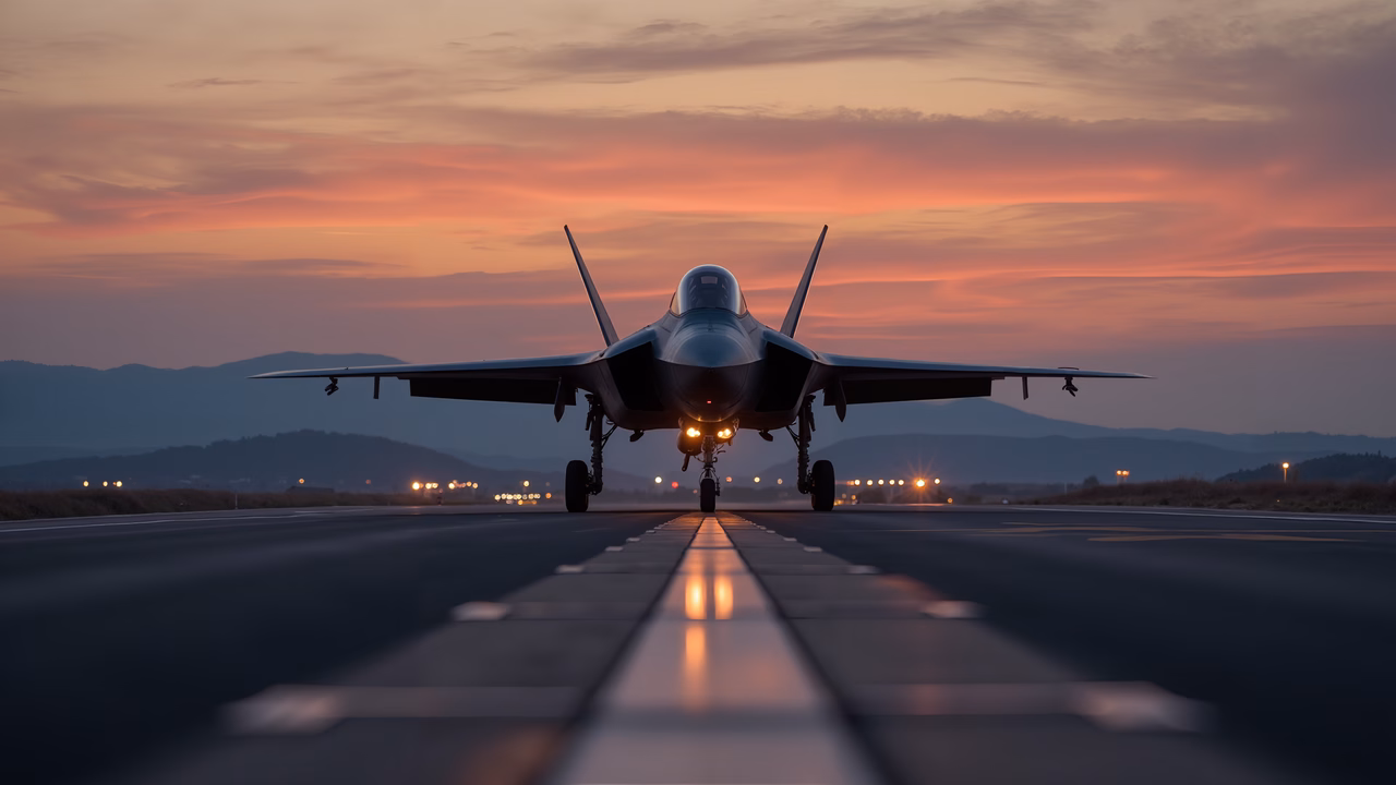 Military aircraft poised for takeoff at sunset, dramatic lighting and vibrant colors.