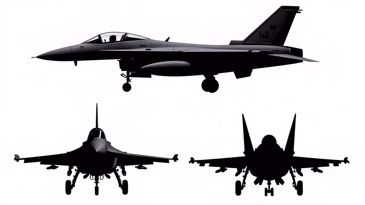 Three detailed black silhouettes of military aircraft on a white background.