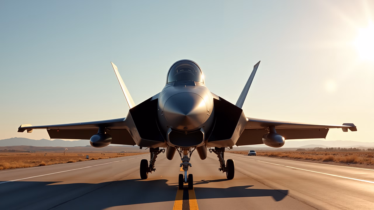 Sleek military jet poised for takeoff against a golden sunset sky.
