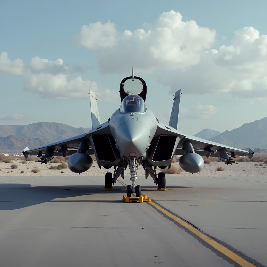 Sleek military jet poised for takeoff on a runway under a clear sky.