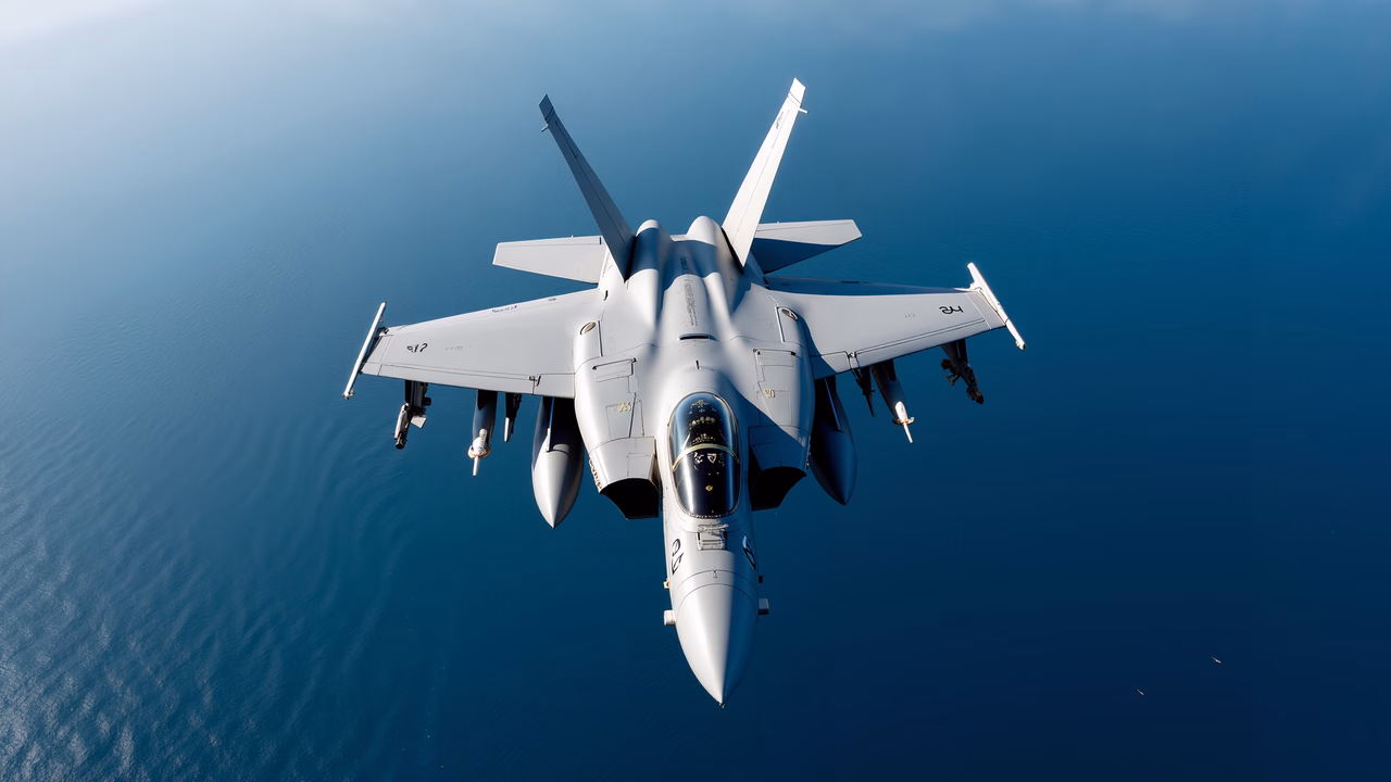 A military jet flying over serene waters, showcasing its sleek design and powerful engines.