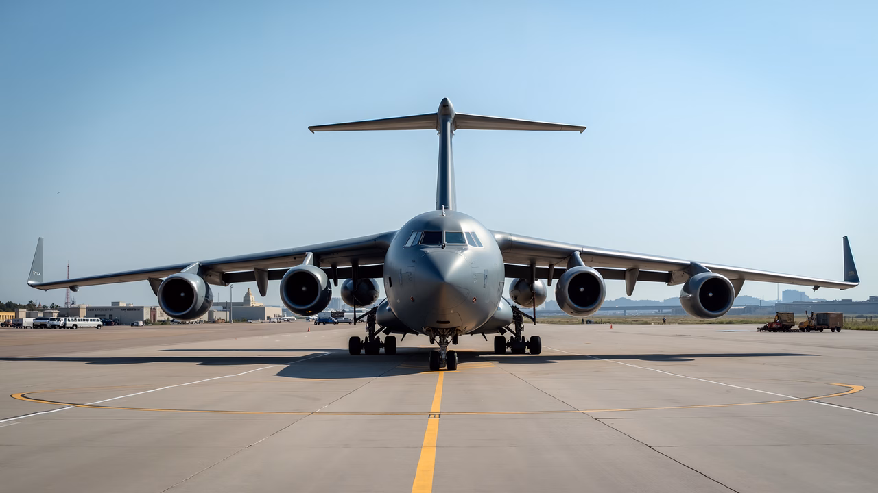Large military transport plane parked on a tarmac under a clear blue sky.