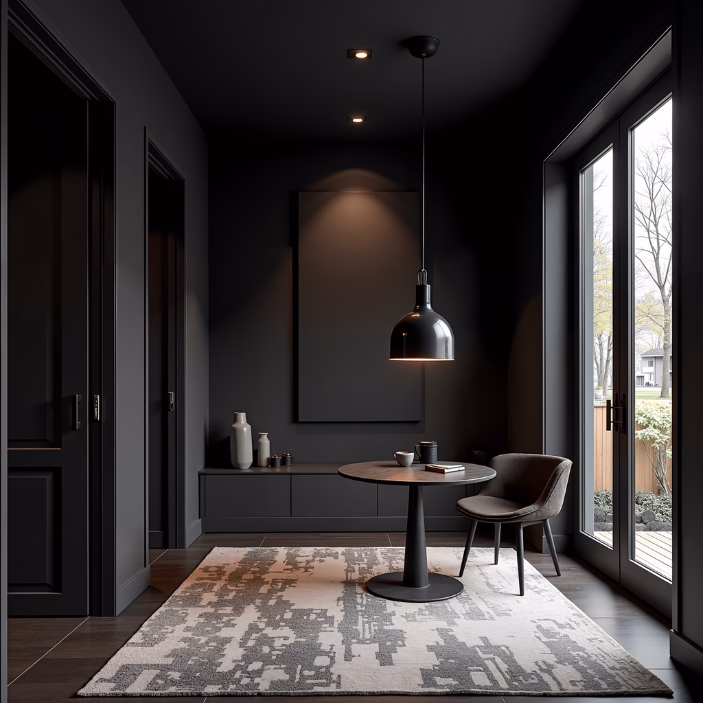 Modern minimalist dining space with dark tones and natural light.