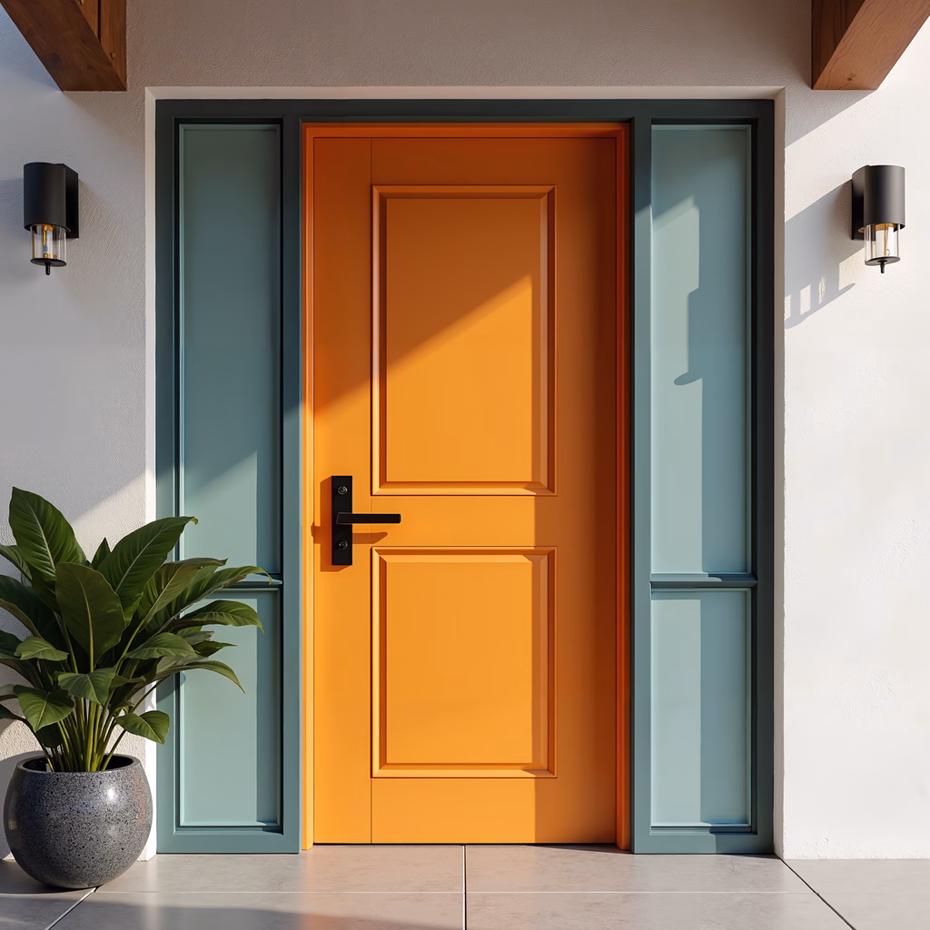 Vibrant orange door with teal frame and modern lighting, minimalist design.
