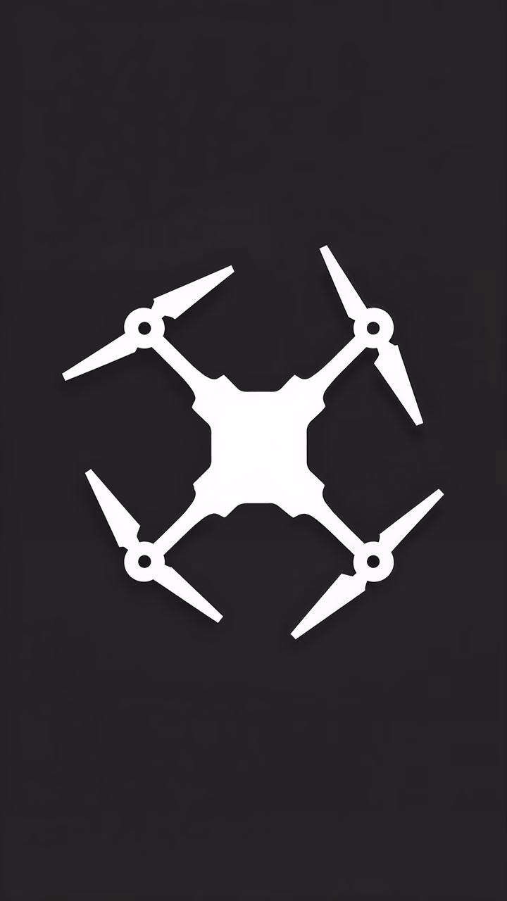 Minimalist white quadcopter silhouette on a black background, emphasizing technology and precision.