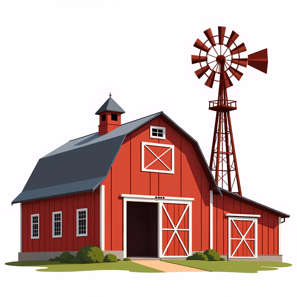 A charming red barn with white details and a windmill, perfect for rustic scenes.