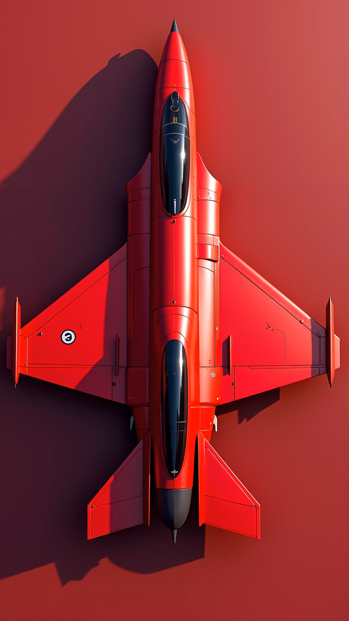 Bold red jet with dramatic shadows on a maroon background