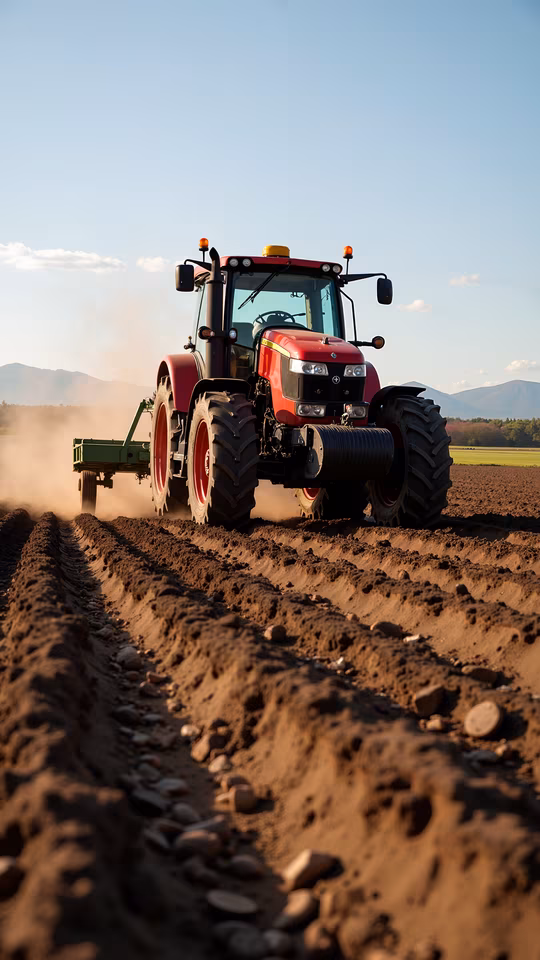 Red Tractor Plowing Field