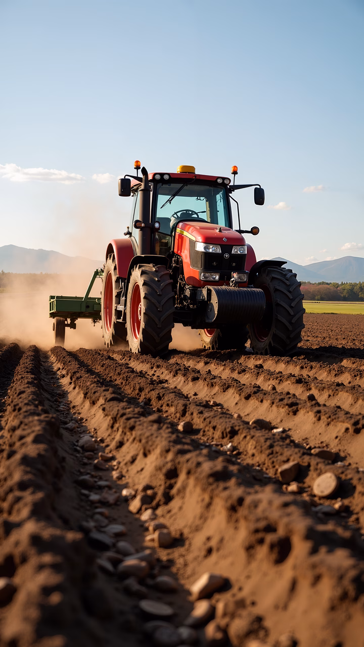 A red tractor plowing a field under a clear blue sky, symbolizing hard work and rural life.
