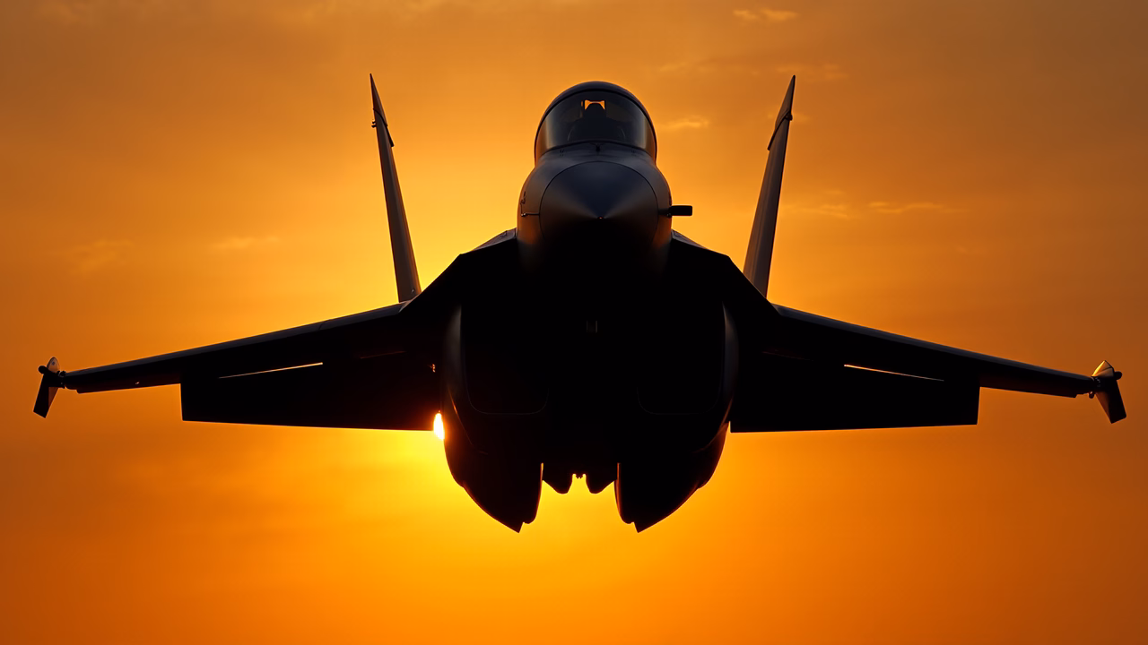 Silhouette fighter jet against a stunning sunset backdrop