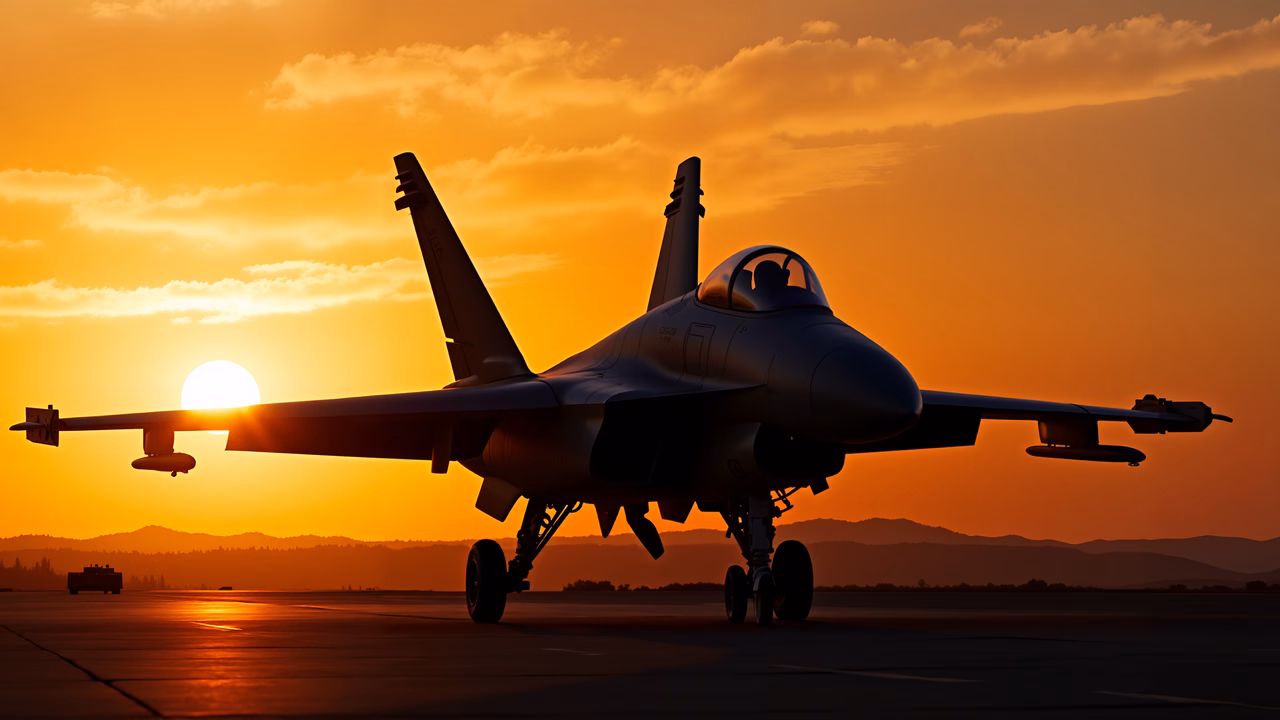 Silhouette fighter jet against a stunning sunset, symbolizing military might and natural beauty.