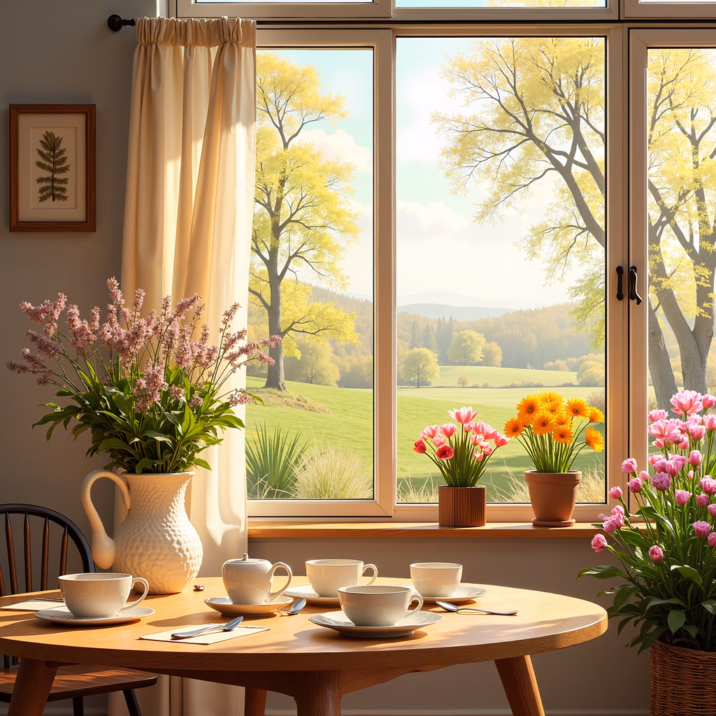 A tranquil breakfast scene with vibrant flowers and a scenic view outside the window.