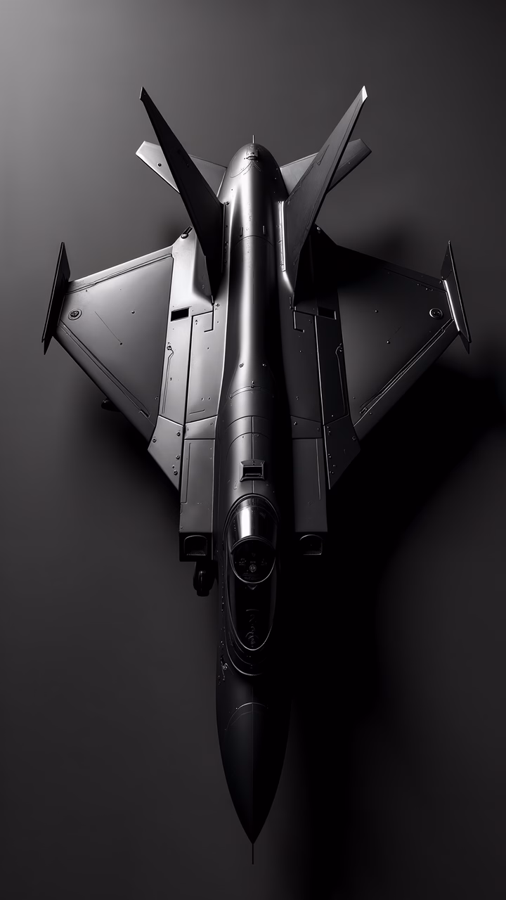 Monochrome stealth fighter jet illustration emphasizing advanced technology and military precision.