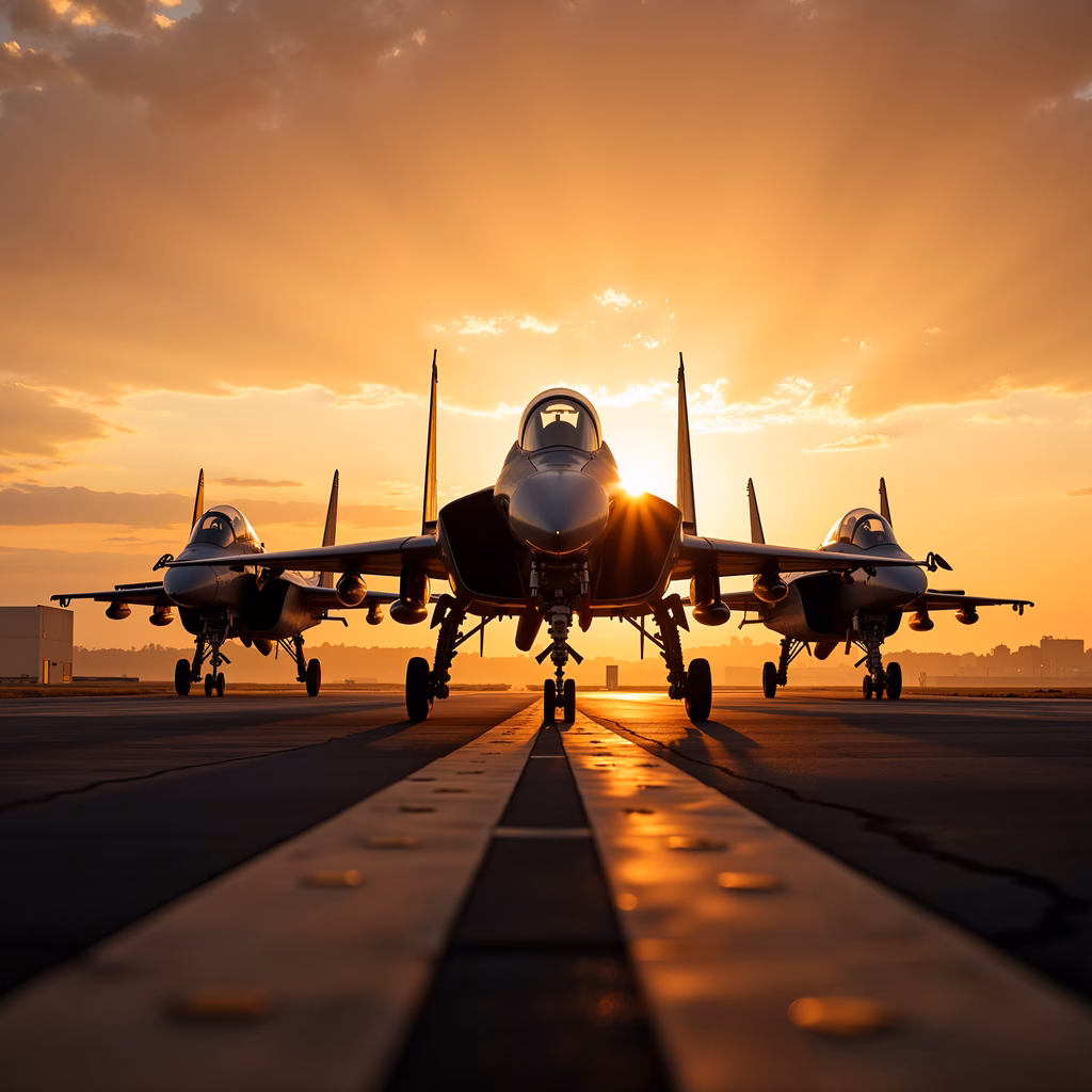 Three fighter jets on a runway at sunset, capturing the beauty of military aviation.