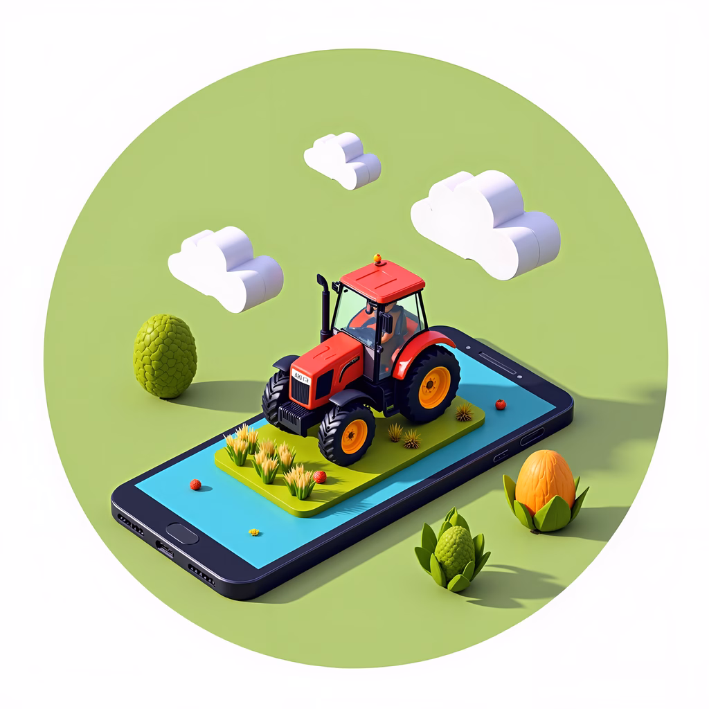 A red tractor on a smartphone screen, surrounded by greenery and clouds, symbolizing innovation in agriculture.