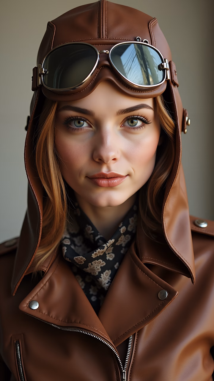 Vintage aviator portrait with leather details and soft lighting.