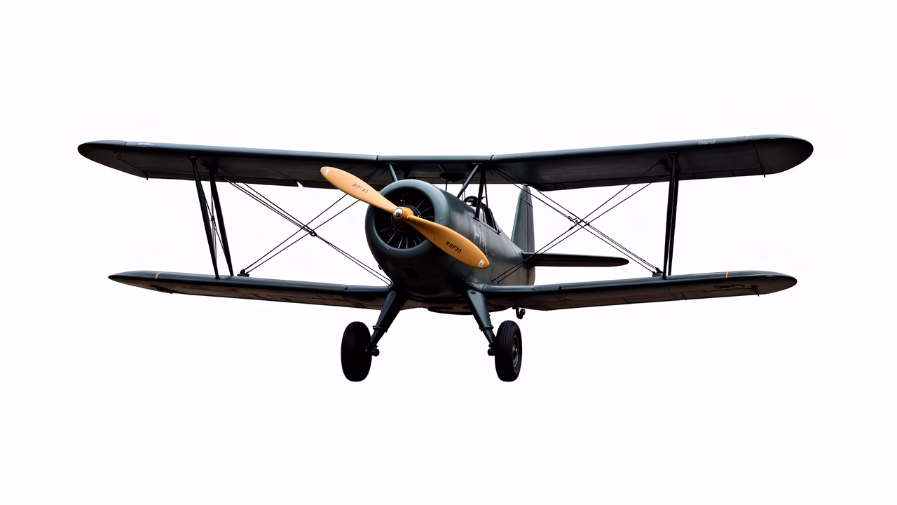 Vintage biplane soaring through a clear sky, showcasing classic aviation design.
