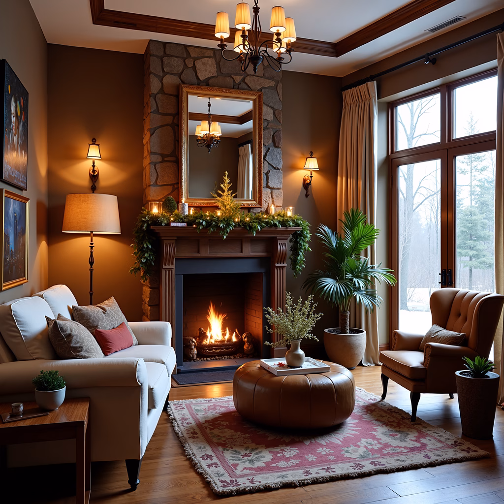 A warm and inviting living room with a stone fireplace and plush seating.