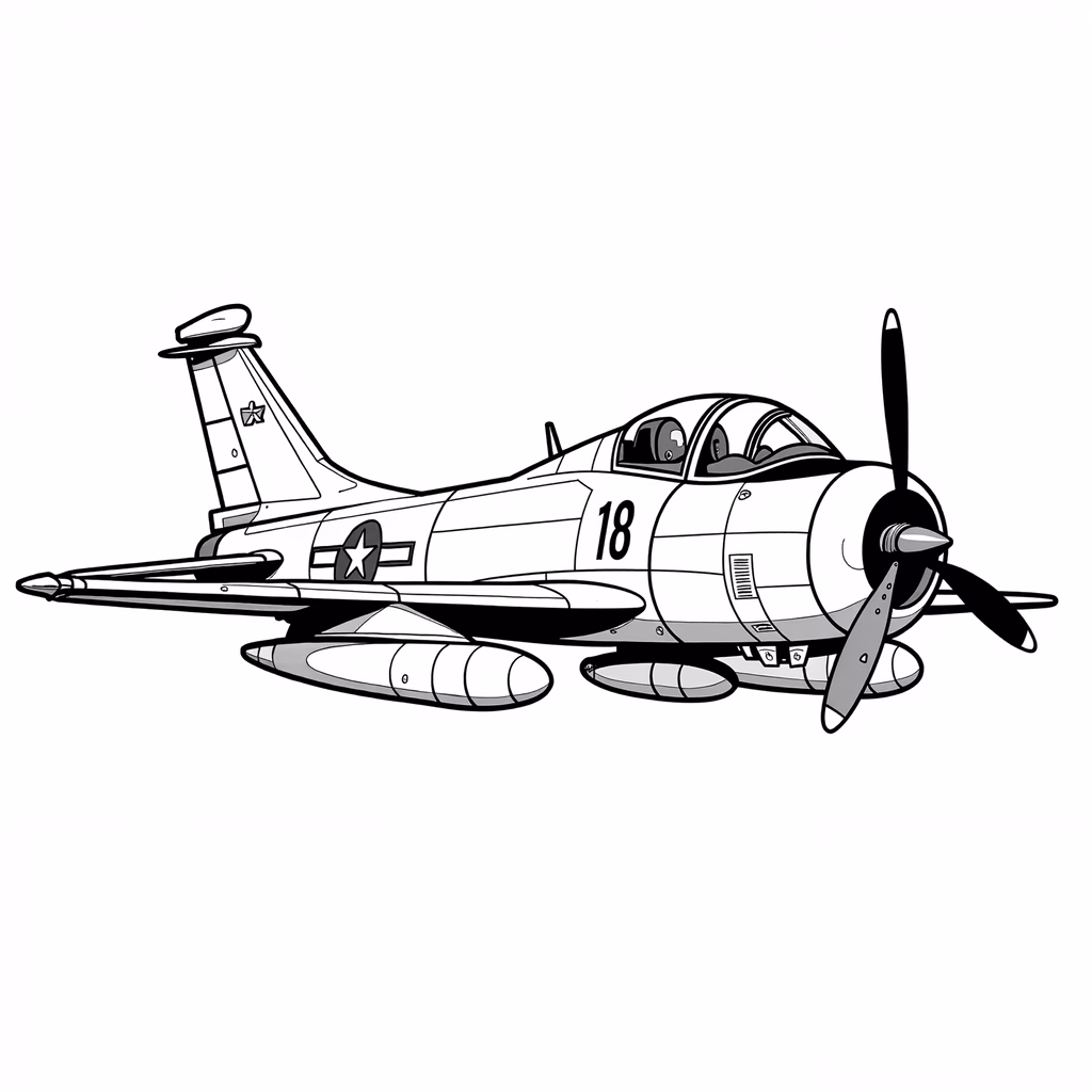 Detailed monochrome illustration of a vintage military aircraft with missiles and the number '18'.